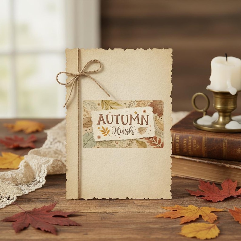 Puede incluir: Una tarjeta de felicitaci&oacute;n de estilo vintage con la inscripci&oacute;n "AUTUMN Hush" en una etiqueta decorativa. La tarjeta est&aacute; atada con hilo y rodeada de hojas de oto&ntilde;o sobre una superficie de madera. Una vela encendida est&aacute; en un portavelas de lat&oacute;n.