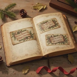 May include: An open vintage-style book featuring three rectangular paper labels with Christmas themes. The labels display the text: Warmest Wishes for a Happy Christmas, May your Heart be Light and Merry, and HOLIDAY WISHES, decorated with holly.
