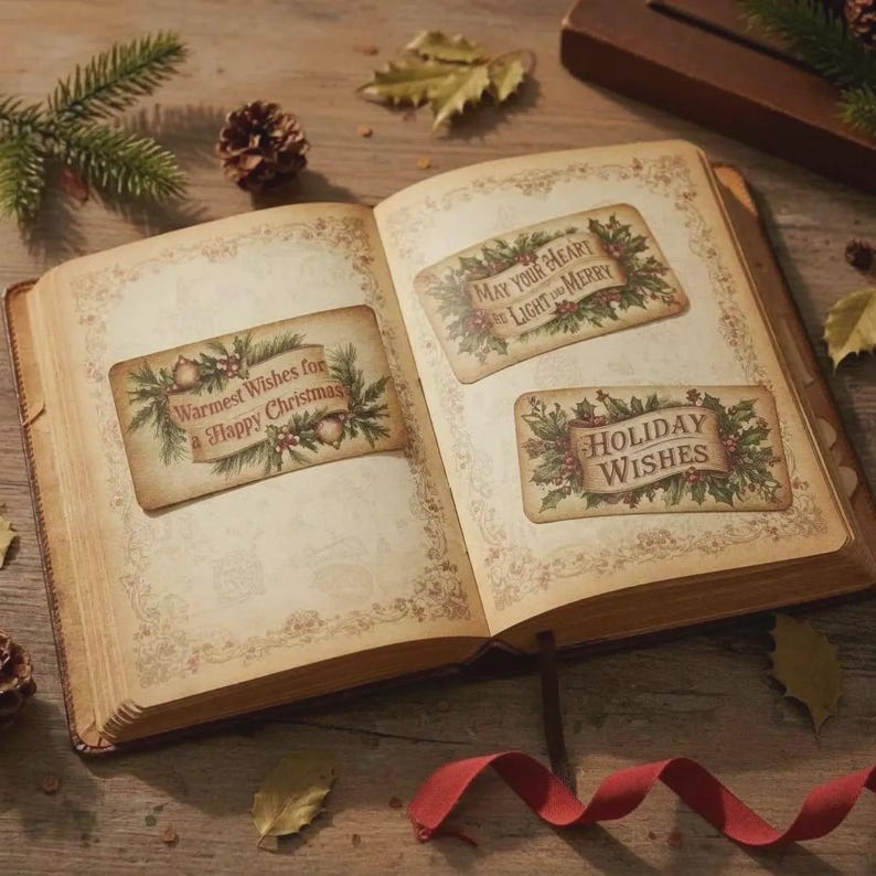 May include: An open vintage-style book featuring three rectangular paper labels with Christmas themes. The labels display the text: Warmest Wishes for a Happy Christmas, May your Heart be Light and Merry, and HOLIDAY WISHES, decorated with holly.