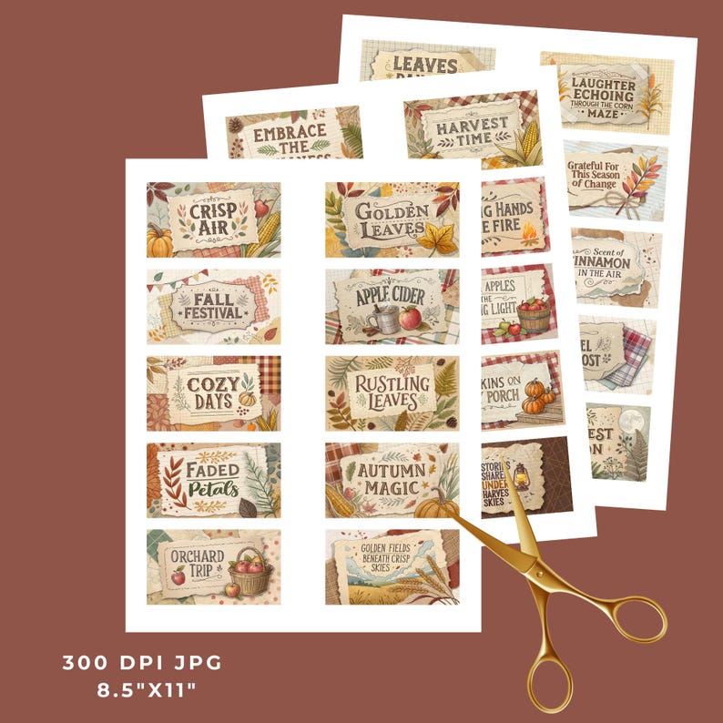 Puede incluir: Una colecci&oacute;n de ef&iacute;meras de papel con tem&aacute;tica oto&ntilde;al con etiquetas como "Crisp Air", "Apple Cider" y "Autumn Magic". Los dise&ntilde;os presentan elementos oto&ntilde;ales como calabazas, hojas y manzanas. El tama&ntilde;o del papel es de 21.59cm x 27.94cm.