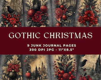 Puede incluir: Una colección de nueve páginas de diario digital tituladas GOTHIC CHRISTMAS, 300 DPI JPG, 27,94 cm por 21,59 cm. Los diseños presentan ilustraciones oscuras y melancólicas de arquitectura gótica, pájaros negros, flores de pascua rojas y adornos.