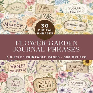 Flower Garden Words and Phrases, Junk Journal Words, Spring Garden Junk Journal, Floral Printable Words, Vintage Ephemera, Digital Scrapbook