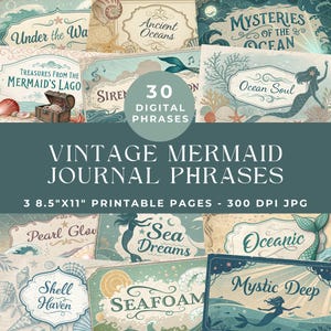 Palavras de diário de lixo de sereia, palavras e frases do oceano para impressão, itens vintage, scrapbooking digital, palavras do mar para diário, etiqueta de praia