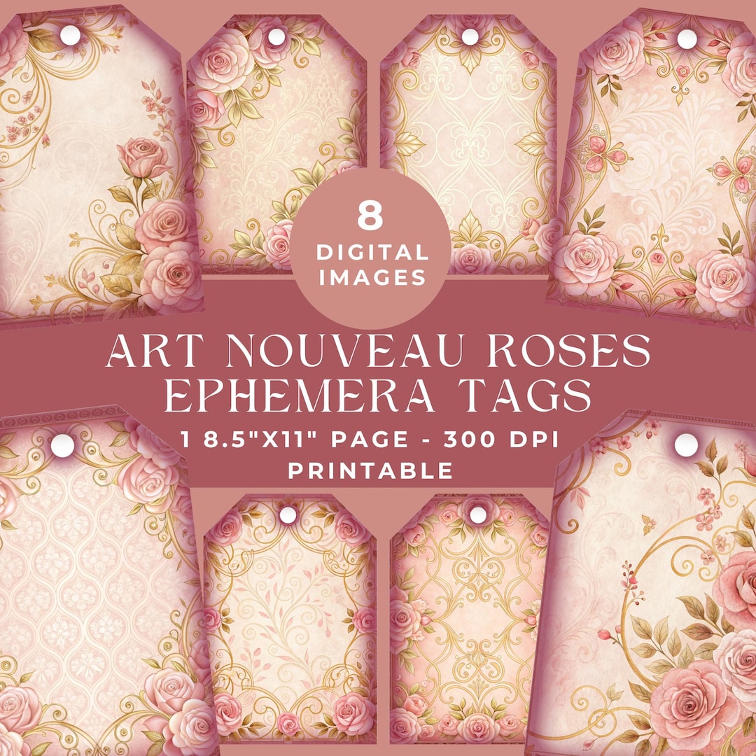 Art Nouveau Roses Ephemera Tags, Pink Flowers Junk Journal, Floral ...