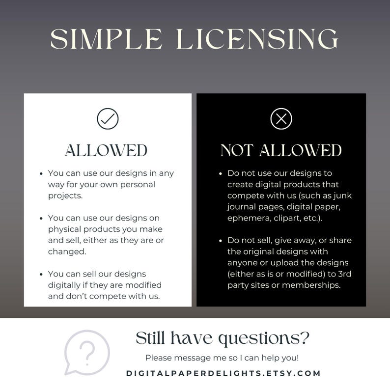 Pode incluir: Um guia de licenciamento simples para designs digitais. O guia descreve o que &eacute; permitido e o que n&atilde;o &eacute; permitido ao usar os designs. Os usos permitidos incluem projetos pessoais, produtos f&iacute;sicos e vendas digitais modificadas. Os usos proibidos incluem a cria&ccedil;&atilde;o de produtos digitais que competem com o vendedor, a venda ou o compartilhamento dos designs originais e o upload dos designs para sites de terceiros.