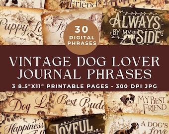 Dog Journaling Words, Dog Lover Words and Phrases, Junk Journal Words, Canine Phrases, Printable Words, Vintage Ephemera, Digital Scrapbook