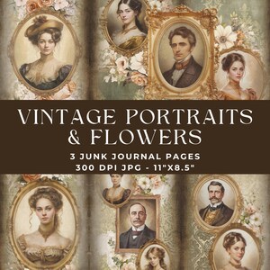 Páginas de diário de lixo de retratos vitorianos, kit de diário de lixo, diário para impressão, foto vintage, flor antiga, download instantâneo, floral, dourado
