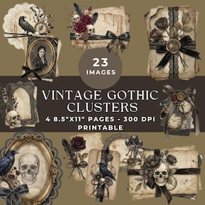 Könnte beinhalten: Eine digitale Sammlung von 23 Vintage-Gothic-Clustern mit Totenköpfen, schwarzen Raben, dunklen Rosen, verzierten Rahmen, antiken Schlüsseln und Uhren auf gealtertem Papier. Enthält 4 druckbare Seiten im Format 21,59 cm x 27,94 cm bei 300 DPI.