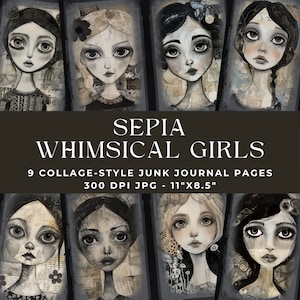 Whimsical Girls Junk Journal Pages, Whimsical Ephemera, Whimsical Junk Journal Papers, Whimsical Digital Papers Girls Digital Papers, Sepia