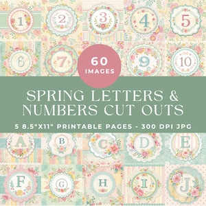 Recortes de letras e números de primavera, itens efêmeros de diário de alfabeto, kit de diário de lixo, páginas de colagem de letras para impressão, scrapbooking digital