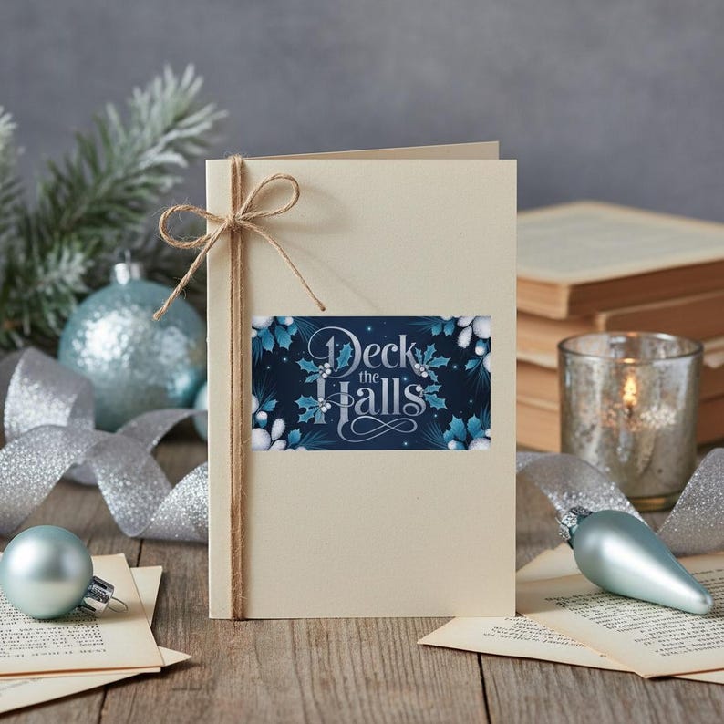 May include: A cream-colored greeting card tied with a thin brown twine bow. The card features a rectangular label with a dark blue background, white text reading Deck the Halls, and illustrations of blue holly leaves and white berries.