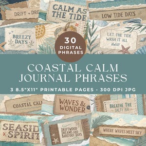Palabras para diario basura costera, frases bohemias oceánicas, collage marino con vibraciones veraniegas, material efímero imprimible, kit para diario basura, scrapbooking digital