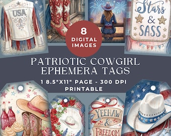 Patriotic Cowgirl Ephemera Tags, 4th of July Tags, Independence Day Gift Tags, Red White Blue USA Themed Digital Scrapbook, Junk Journal Kit