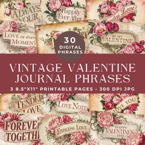 Parole e frasi vintage di San Valentino, parole del diario spazzatura di San Valentino, parole stampabili, collage, effimere vintage, scrapbooking digitale