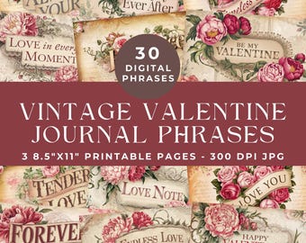 Vintage Valentine Words and Phrases, Valentine&#39;s Day Junk Journal Words, Printable Words, Collage, Vintage Ephemera, Digital Scrapbooking