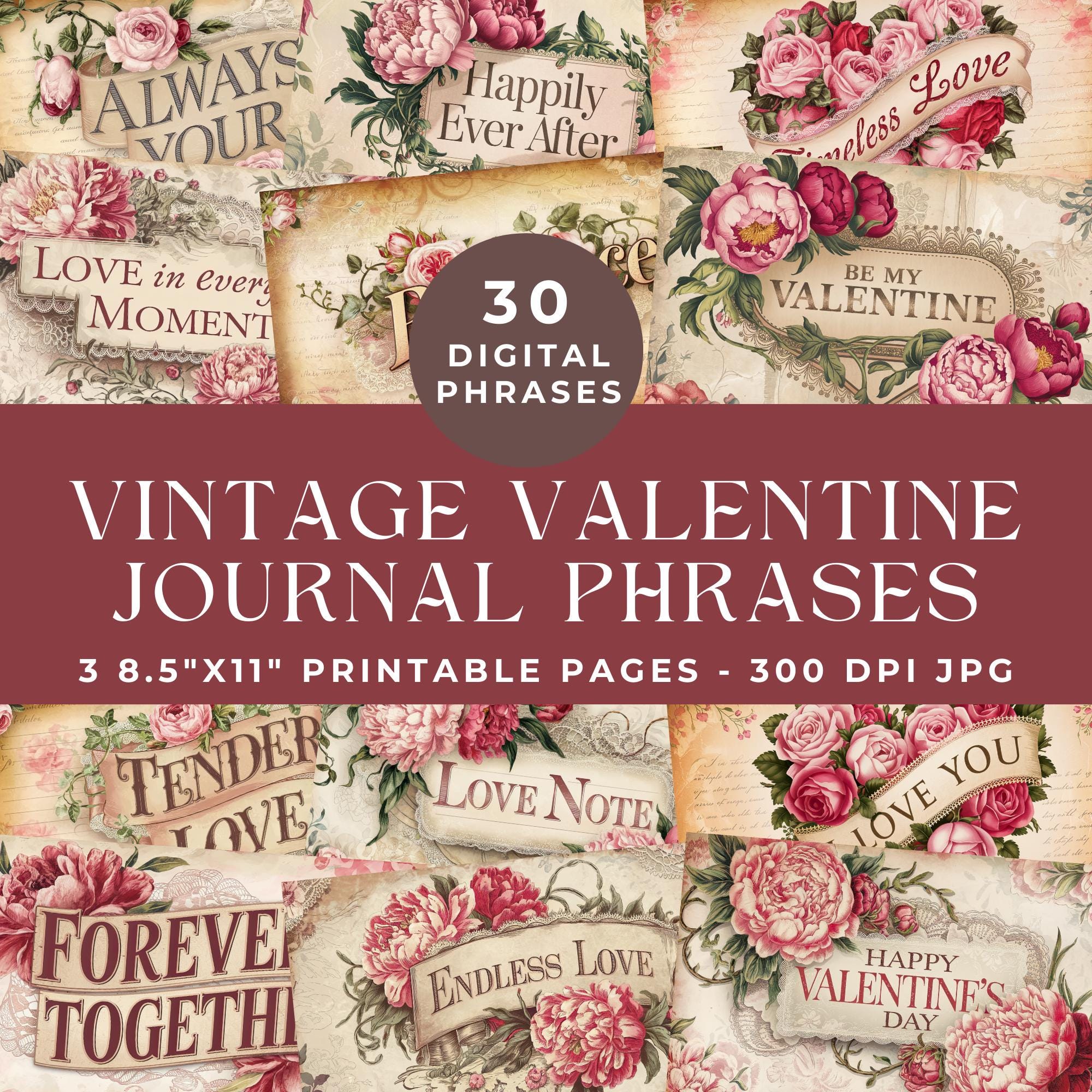 Vintage Valentine Words and Phrases, Valentine's Day Junk Journal Words, Printable Words, Collage, Vintage Ephemera, Digital Scrapbooking