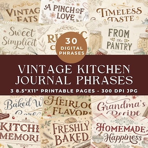 Palavras de diário de cozinha vintage, palavras e frases de culinária, palavras de diário de lixo, palavras para impressão de panificação, itens efêmeros vintage, álbum de recortes digital