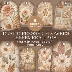 Rustieke geperste bloemen kortstondige tags, herfst bloemen junk Journal, herfst digitaal plakboek afdrukbaar, bloemen cadeaukaartjes JPG, Junk Journal Kit