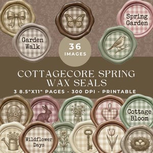 Könnte beinhalten: Eine Sammlung von 36 digitalen Wachssiegel-Bildern mit Vichy-Karo-Hintergründen und Illustrationen von Schleifen, Schmetterlingen, Vögeln, Hasen, Blumen, Schlüsseln und Nestern. Der Text umfasst COTTAGECORE SPRING WAX SEALS, 3 8.5"x11" SEITEN, 300 DPI, DRUCKBAR, Garden Walk, Spring Garden, Cottage Bloom und Wildflower Days.