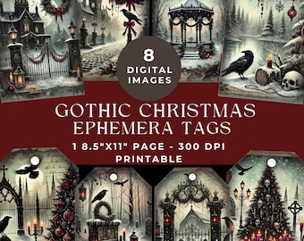 Puede incluir: Ocho etiquetas digitales imprimibles con escenas navideñas góticas que incluyen cuervos, calaveras, paisajes nevados, puertas ornamentadas y decoraciones. El texto dice 8 DIGITAL IMAGES GOTHIC CHRISTMAS EPHEMERA TAGS 1 8.5"X11" PAGE 300 DPI PRINTABLE.