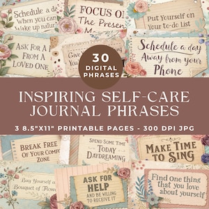 Mots positifs du journal indésirable, mots et expressions pour prendre soin de soi, journal indésirable soins personnels, éphémères shabby chic à imprimer, scrapbooking numérique