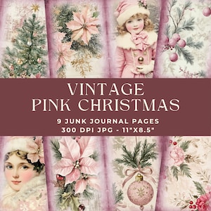 Pink Christmas Junk Journal Page, Digital Paper, Junk Journal Kit, Vintage Junk Journal, Journal Printable, Pink Christmas Paper, Holiday