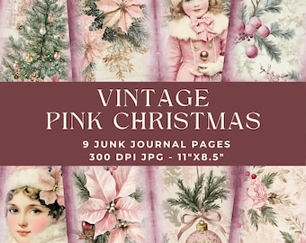 Pink Christmas Junk Journal Page, Digital Paper, Junk Journal Kit, Vintage Junk Journal, Journal Printable, Pink Christmas Paper, Holiday