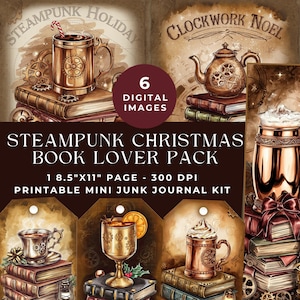 Steampunk Weihnachten Junk Journal Kit, Buch-Liebhaber Ephemera, Steampunk Printable, Vintage Ephemera, Digitales Scrapbooking, Tags, Lesezeichen