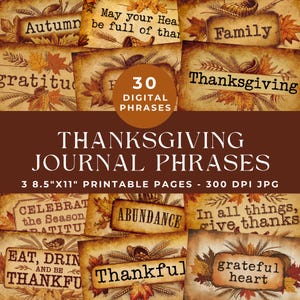Thanksgiving Words for Junk Journals, Thanksgiving Phrases, Printable Words, Autumn Ephemera, Digital Scrapbooking, Junk Journal Words, Fall