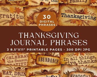 Thanksgiving Words for Junk Journals, Thanksgiving Phrases, Printable Words, Autumn Ephemera, Digital Scrapbooking, Junk Journal Words, Fall