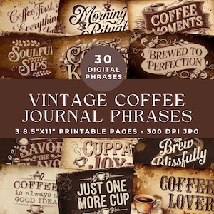 Palabras para diario de Coffee Junk, palabras y frases imprimibles, efímeras vintage, álbumes de recortes digitales, palabras para diario, etiqueta de grano de café, marrón