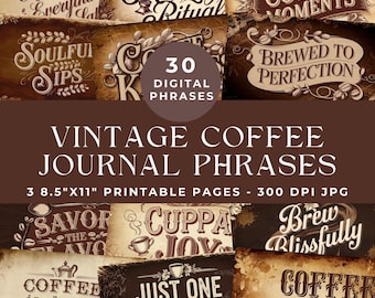 Coffee Junk Journal Words, Words and Phrases Printable, Vintage Ephemera, Digital Scrapbooking, Words for Journal, Coffee Bean Label, Brown