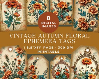 Vintage Autumn Flowers Ephemera Tags: Fall Floral Junk Journal Kit, Ornate Embellishment Printable Gift Tags, Digital Scrapbooking