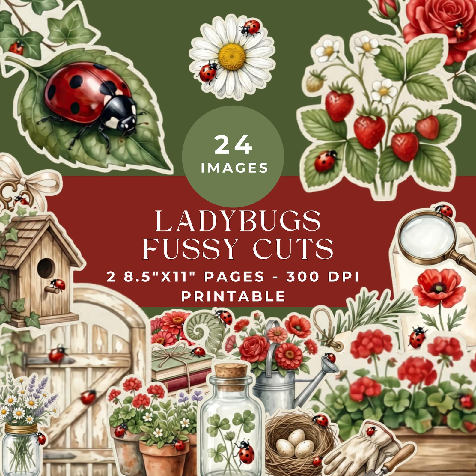 Ladybugs Fussy Cuts: Cottagecore Garden Junk Journal Printable Ephemera ...