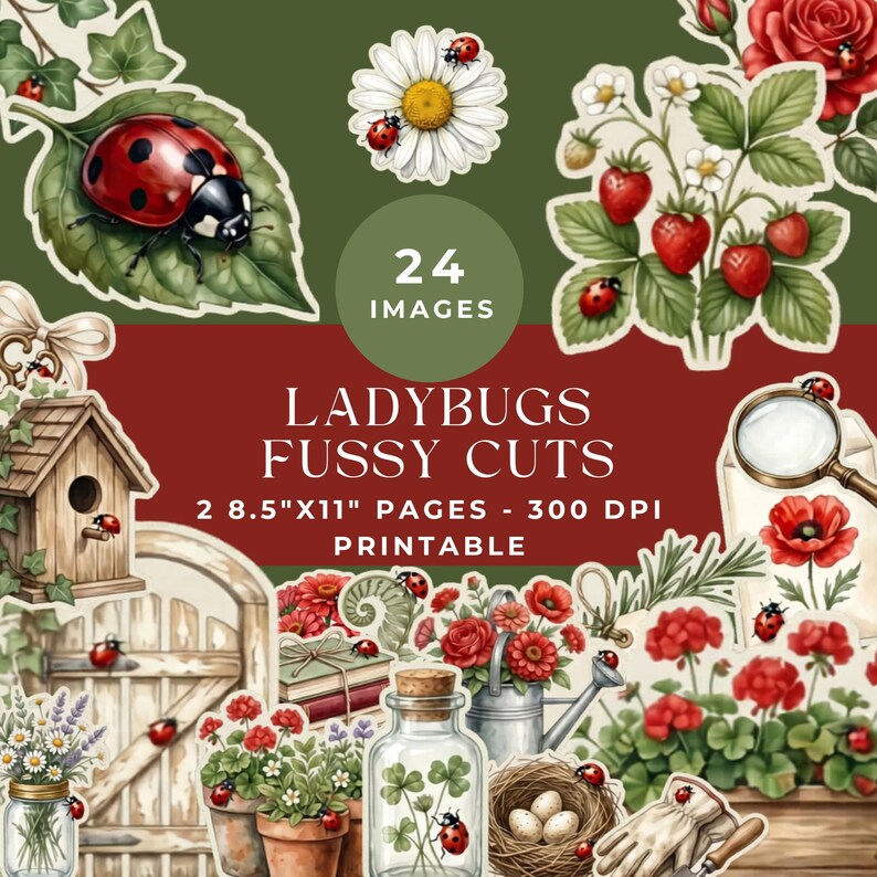 Ladybugs Fussy Cuts: Cottagecore Garden Junk Journal Printable Ephemera ...