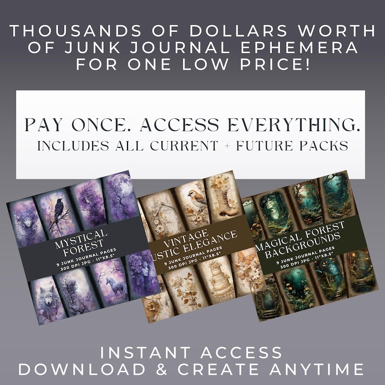 May include: A digital collection of junk journal ephemera featuring three sets: Mystical Forest in purple, Vintage Rustic Elegance in sepia tones, and Magical Forest Backgrounds in green. Each set includes 9 pages at 27.94 cm by 21.59 cm.