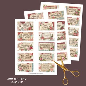 May include: Printable digital paper with 16 different designs featuring floral patterns, vintage textures, and inspirational quotes about love, motherhood, and family. The paper is 8.5 inches by 11 inches and 300 DPI.
