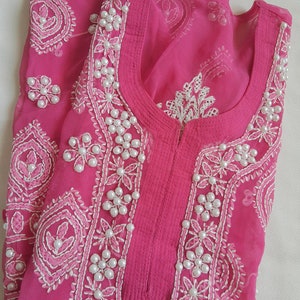 Chikankari kurta with white pearls attached with free inner