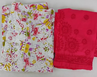 Cotton floral chikankari kurta with chikankari pants