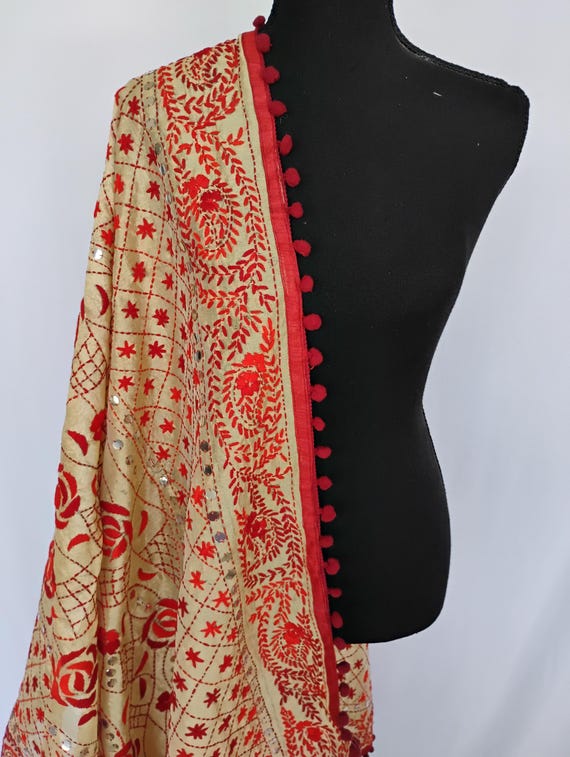 Phulkari work chanderi silk dupatta with mirror embellishments and pom poms