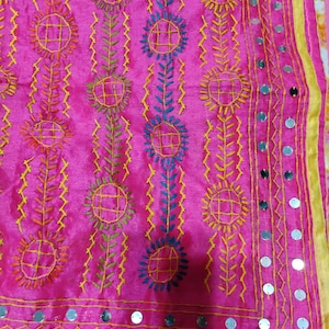 Phulkari work chanderi silk dupatta with mirror embellishments