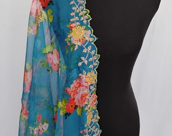 Floral printed organza georgette dupatta with embroidered cut work