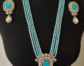 Victorian long blue beaded long necklace ,pearl haar with 4 layers and matching earrings