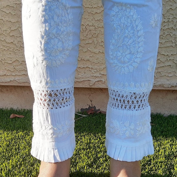 Lucknow Chikankari ankle length strechible pants with lace and frill