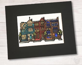 City Block Linocut Print: Hand-Carved Original Art with Black Mat