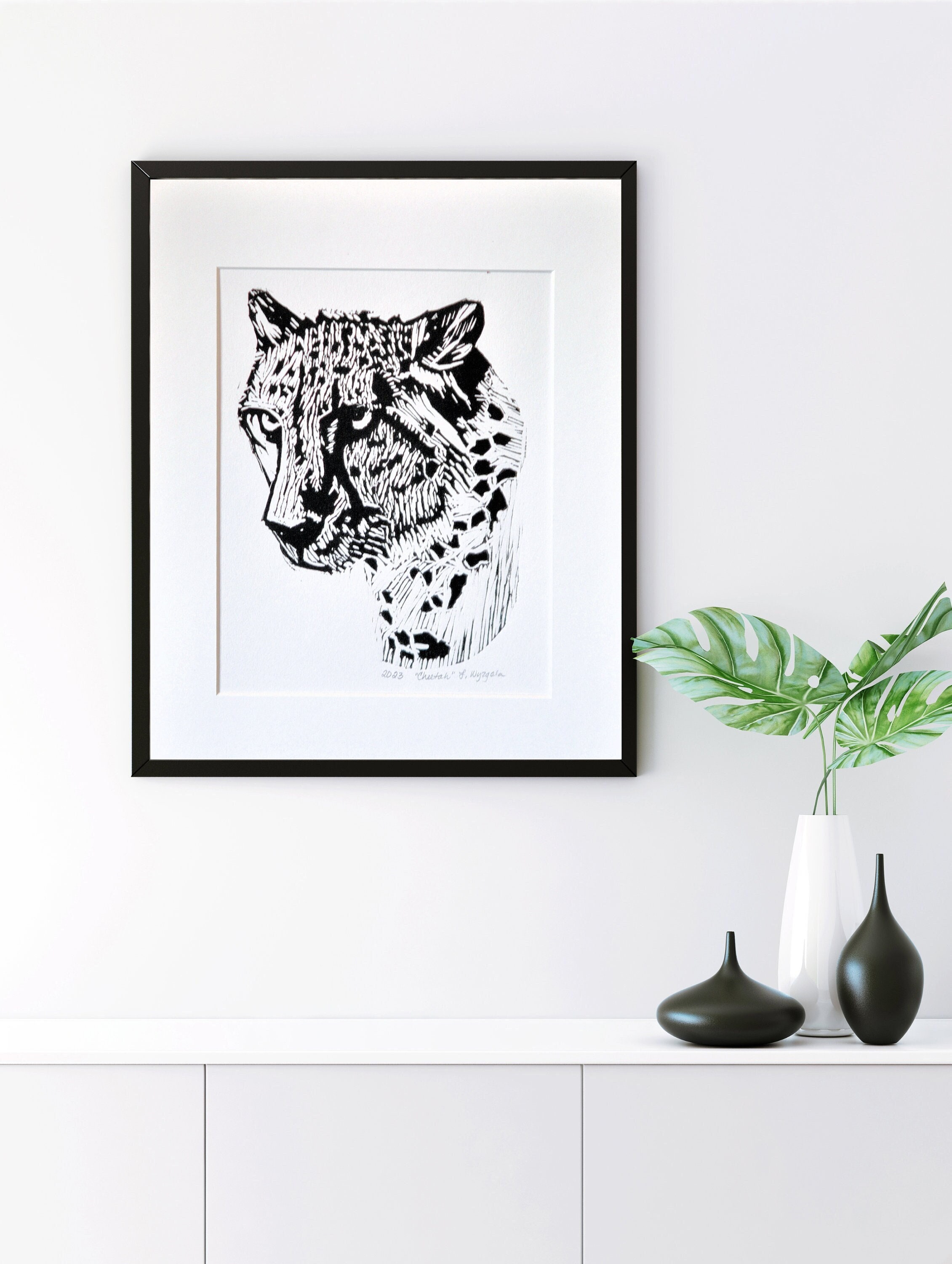 Original Linocut Print Cheetah Linocut Print Hand Carved Hand Pulled Print Animal Wall Art