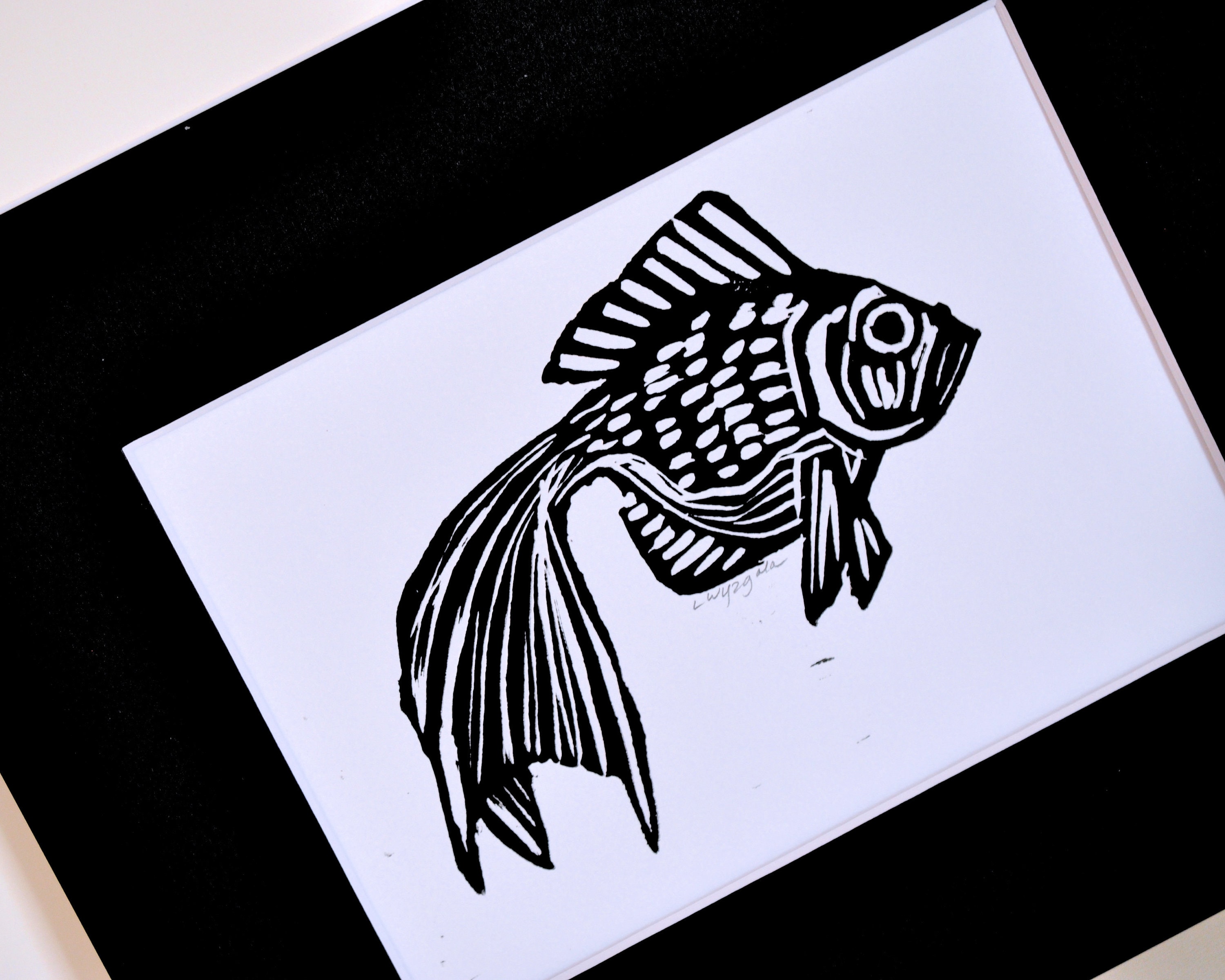 Goldfish Linocut Print, 8x10 Matted Original Art, Hand Carved Hand ...