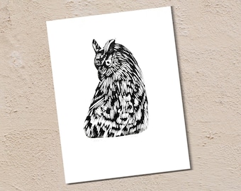Owl Linocut - Hand Carved and Printed - 7 x 9 inch - Print Only