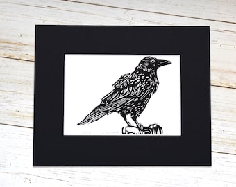 Raven Linocut Print: Hand Carved Bird Art, 8x10 Matted