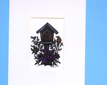 Birdhouse, Bird, Dragonfly Linocut Print, 8 x 10 with Mat